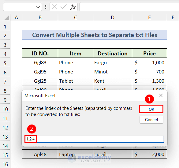 Inserting the Indices of the Excel Sheets to Export them to txt