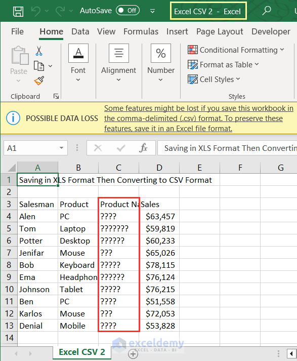 Showing Excel file exported to CSV format
