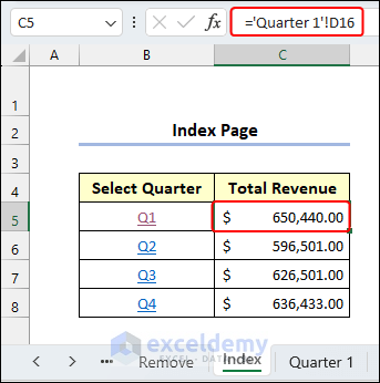 Matching Total Revenue in C5 of Index sheet with C5 of Quater 1 sheet