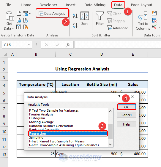 Selecting Regression option in Data Analysis