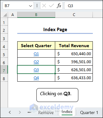 Clicking Q3 to text linking in Excel