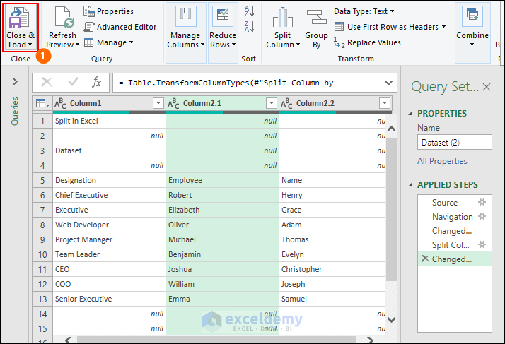 applying load and close to split in Excel using power query
