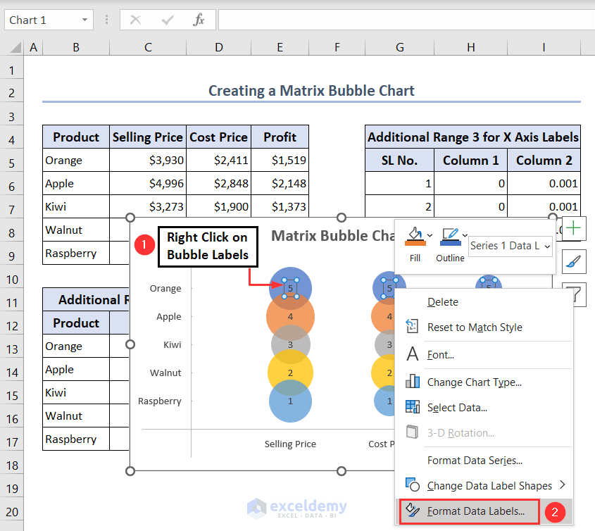 Formatting data labels to add labels for bubbles of Matrix Bubble Chart