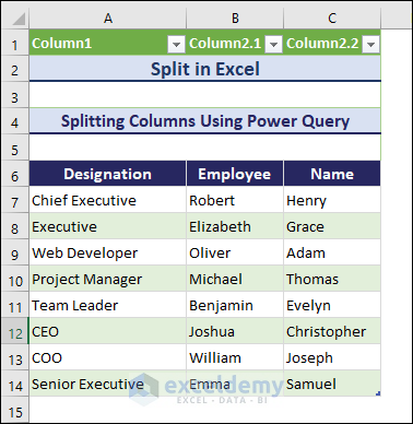 Final output after using power query to split in Excel