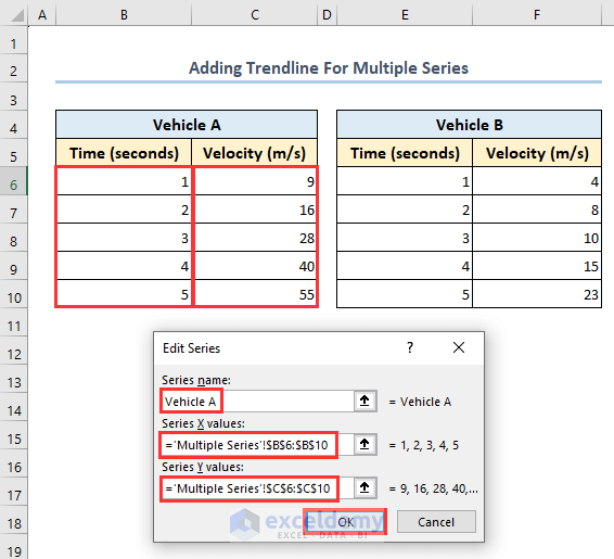 Selecting ranges for series X and Y values