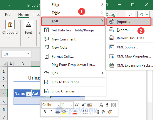 Selecting the Pivot table and inserting XML file by pressing Import