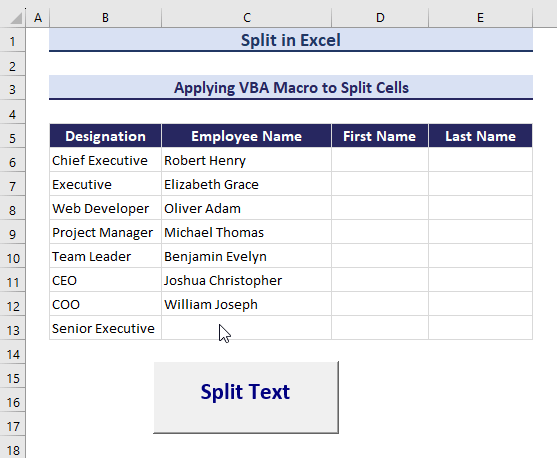 Output after applying macro to split in Excel