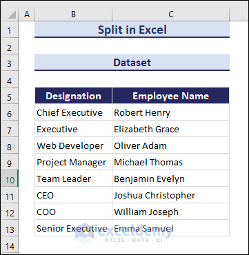 Dataset of split in Excel