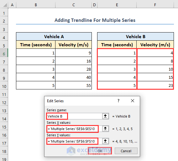Selecting ranges for series X and Y values