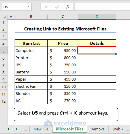 Press Ctrl + K keys to link Microsoft files