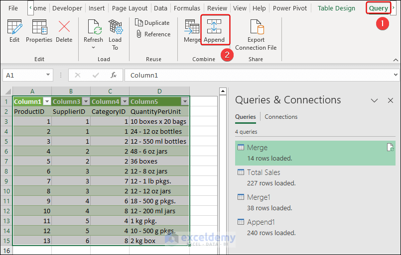 Tapping Append option in the Query tab