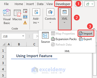 Selecting the Import feature from the Developer tab