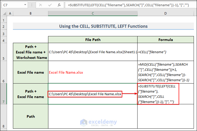 Combining the CELL, SUBSTITUTE, and LEFT Functions to get the Excel Path & File Name
