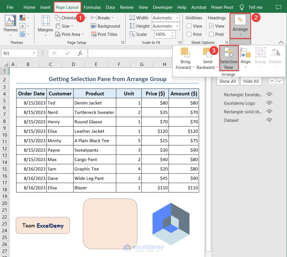Getting Excel Selection Pane from Arrange Group of Page Layout Tab