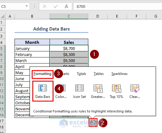 steps to add data bars with quick analysis tool