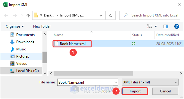 Choosing the XML file and hitting Import