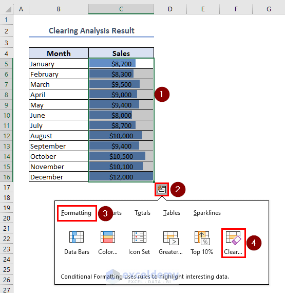 steps to clear quick analysis tool result