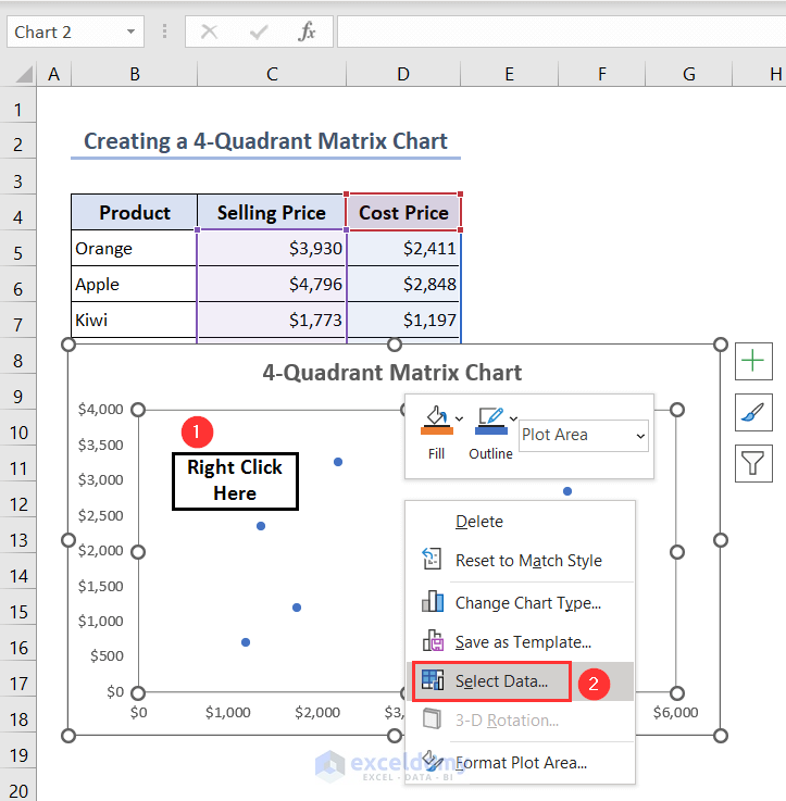 Choosing Select Data option from Context menu to add data series on 4-Quadrant Matrix Chart in Excel