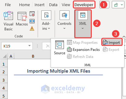 Clicking the Import option from the Developer tab
