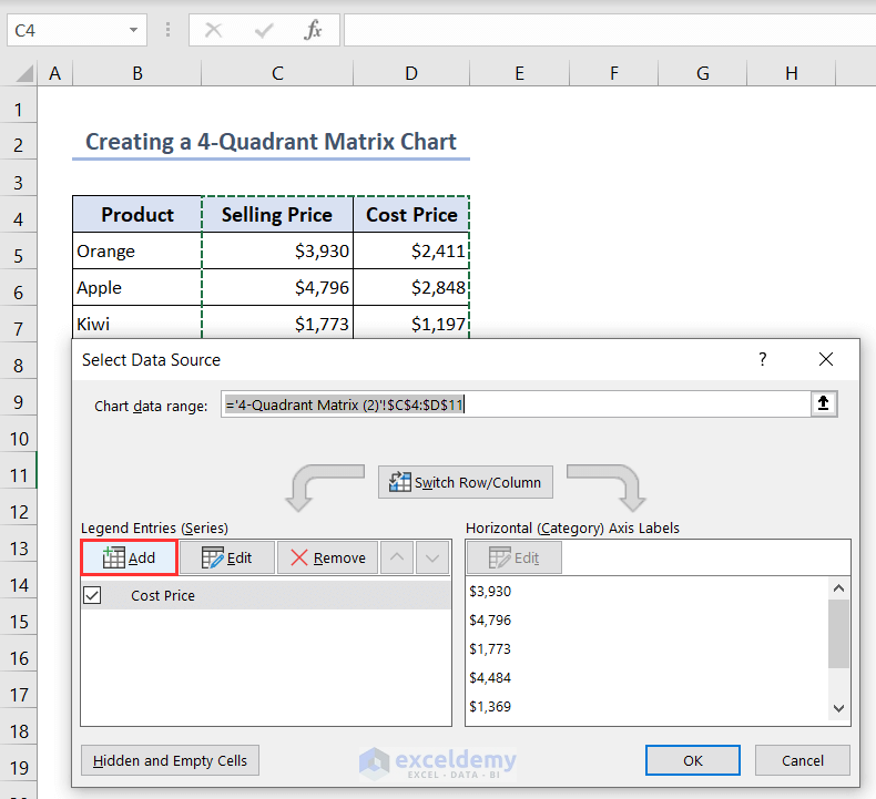 Clicking on Add to include new series on 4-Quadrant Matrix Chart in Excel