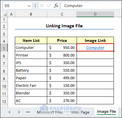 Image file link appears in D5 for linking in excel