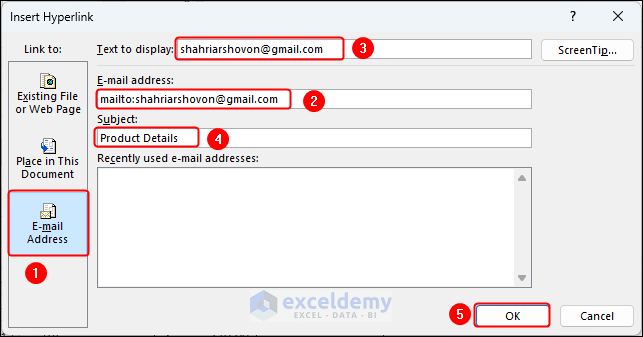 E-mail Address option in Insert Hyperlink dialog
