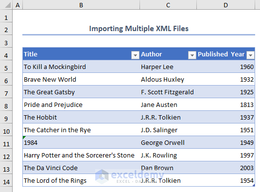 Final result with importing multiple XML files into Excel