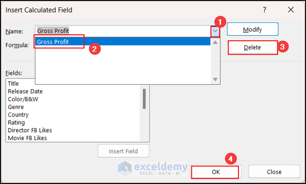 Deleting calculated field in Insert Calculated Field dialog box