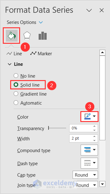 Choosing Solid line from Format Data Series pane