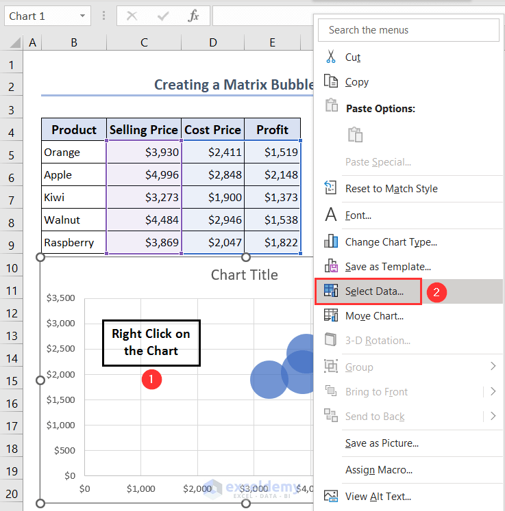 Choosing Select Data option from Context menu to add data series on Bubble chart