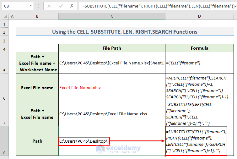 Using the CELL, SUBSTITUTE, LEN, RIGHT, and SEARCH Functions to get the Excel File Path Name