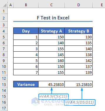 calculating variance using Excel function