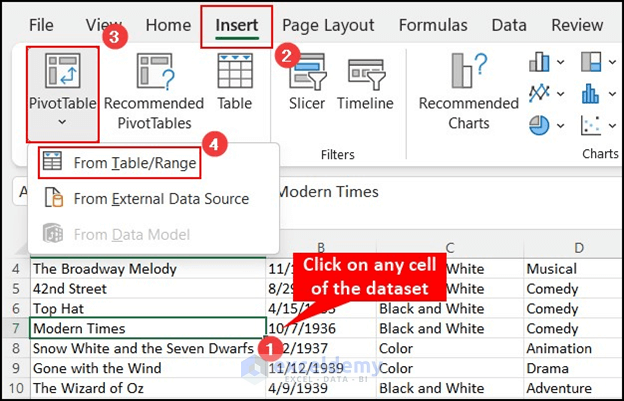Inserting PivotTable in Excel