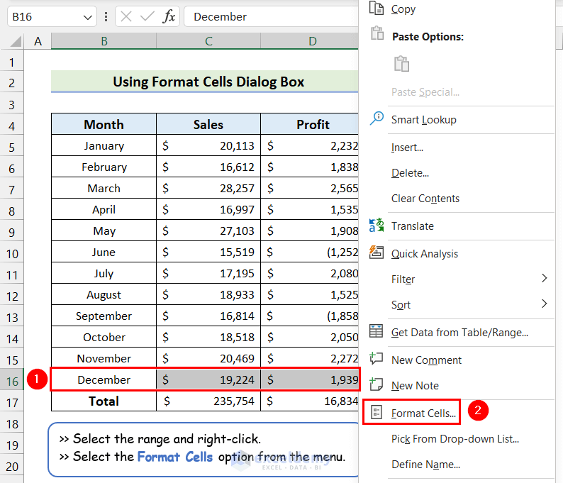 Selecting Format Cells Feature from Right-Click Menu
