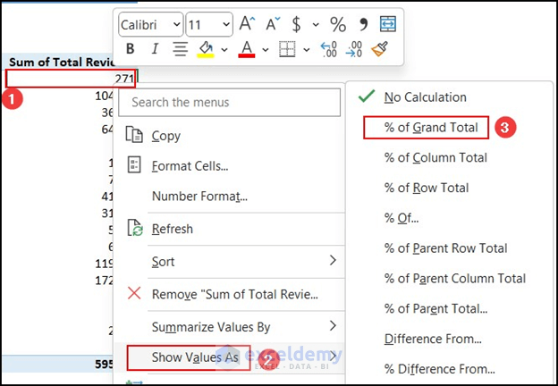 Selecting % of Grand Total from context menu