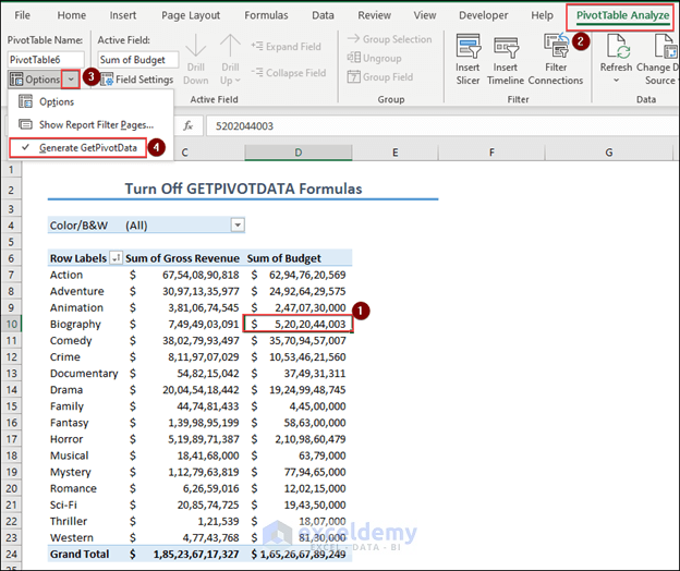 Generate GetPivotData option from PivotTable Analyze tab