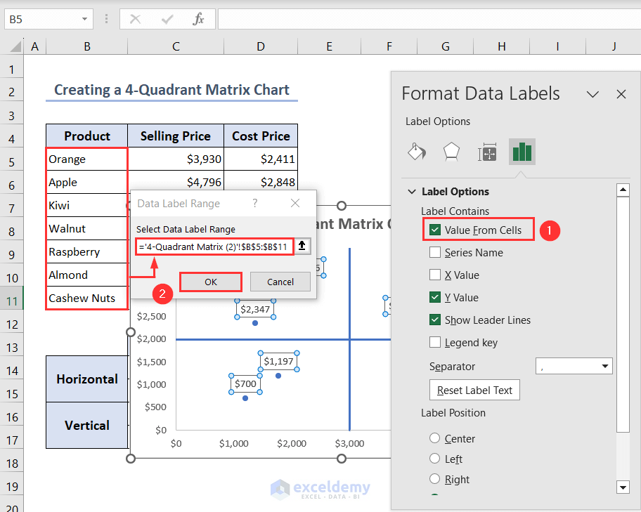 Choosing Value From Cells option and giving values in Select Data Label Range box to show values as labels