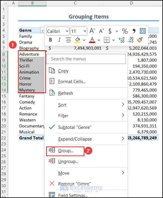 Grouping items in PivotTable