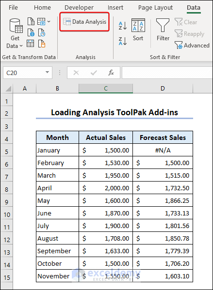 Data Analysis installed in Data tab