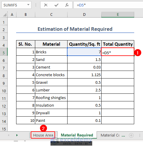 Entering a formula to calculate the quantity of a material