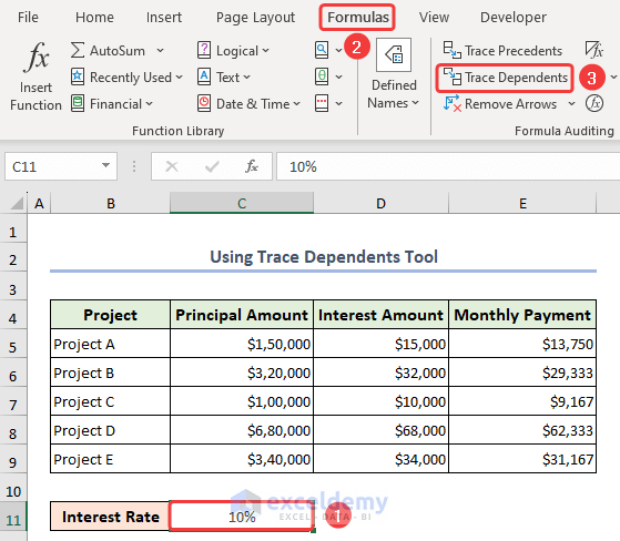 Selecting Trace Dependents from the Formulas tab
