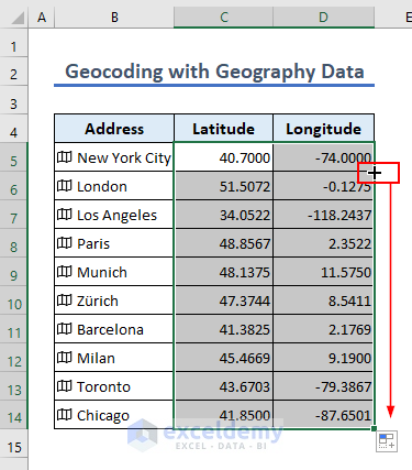 Use fill handle to get latitude and longitude for all cities