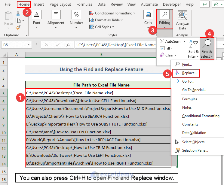Using the Find and Replace Feature to get the Excel File Name