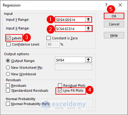 5- inserting input range and output range in regression window for linear regression analysis