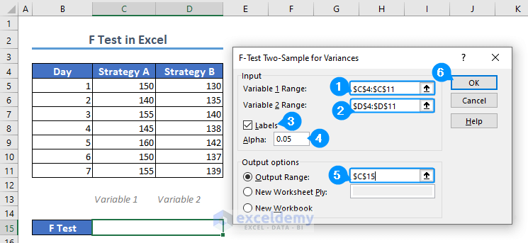 providing data in f test two sample for variances analysis