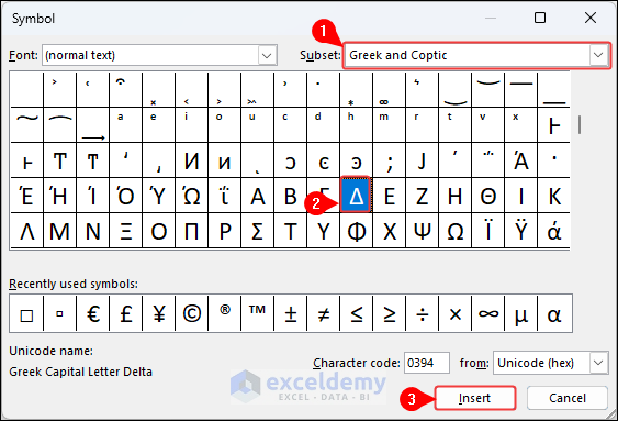 Selecting Greek and Coptic Symbol to select Delta symbol