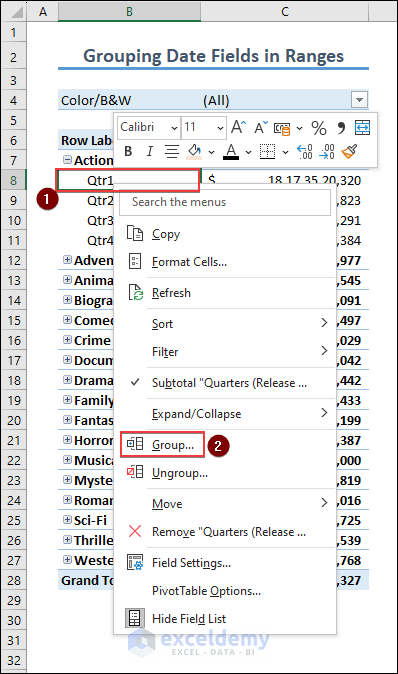 Clicking on Group option from context menu