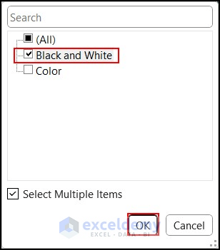 Selecting Black and White for filtering