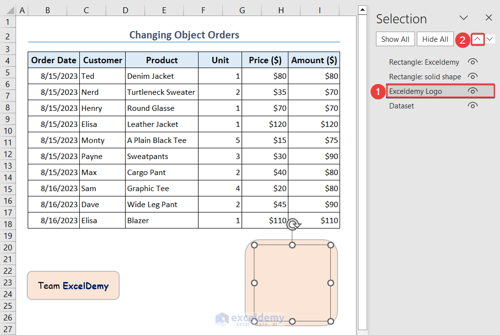 Changing objects order from the selection pane