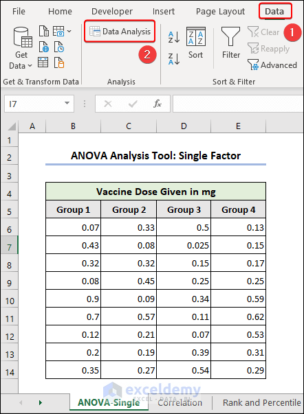Clicking Data Analysis for ANOVA SIngle Factor data analysis ToolPak in Excel